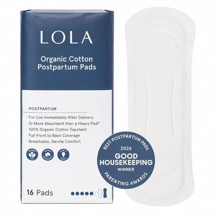 LOLA Organic Cotton Postpartum Pads - Max Absorbency Pads for Postpartum Bleeding - Extra-Long Overnight Liners for Women - Hospital Bag Essentials - 32 Count, Unscented