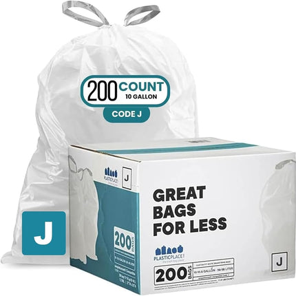 Plasticplace Custom Fit Bin Bags Compatible with Code J, White Drawstring Bin Liners, 10-10.5 Gallon / 38-40 Liters, 21" x 28", Tear-Resistant 1.2 Mil, 200 Count (Pack of 1)