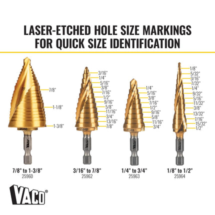 Klein Tools 25950 Step Drill Bit Set, Spiral Double Fluted, Titanium Nitride Coating, 1/4-Inch Impact Shank, Rugged Case, 4-Piece