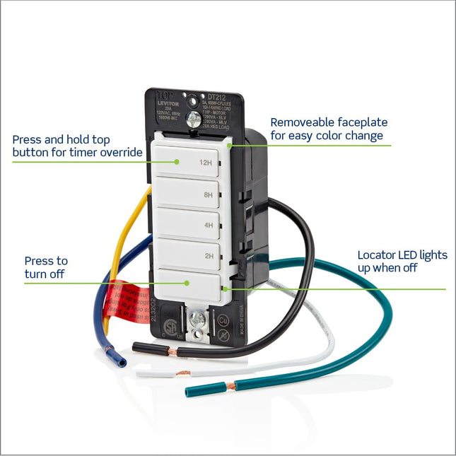 Interruptor de cuenta regresiva Leviton para luces, ático, calentadores, bombas de piscina, 2-4-8-12 horas, requiere cable neutro, 20 A, 1 HP/16 A ventilador/motor, unipolar, multi-vía o multi-temporizador, DT212-1LW, blanco