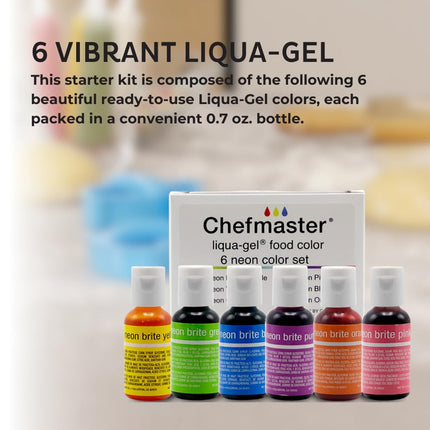 Chefmaster - Neon Liqua-Gel Food Coloring - Fade Resistant - 6 Pack of 20ml Bottles - Stunning Vivid Colors with Lightweight and Easy-To-Blend Formula