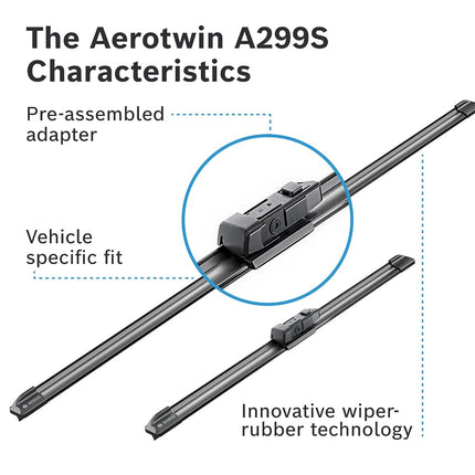 Bosch Aerotwin A299S - Front Windscreen Wipers - Set of 2 Replacement Blades - Comes with Pre-assembled Adapter - 2 Blades, 600 mm / 340 mm - Only for Left-Hand Drive (EU)