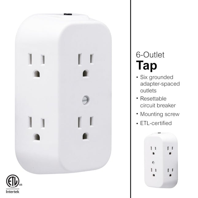 GE 6-Outlet Extender, 2 Pack, Grounded Wall Tap, Reset Button, Circuit Breaker, Adapter Spaced Outlets, 3-Prong, Multiple Plug, Quick and Easy Install, Cruise Essentials, UL Listed, White, 46854