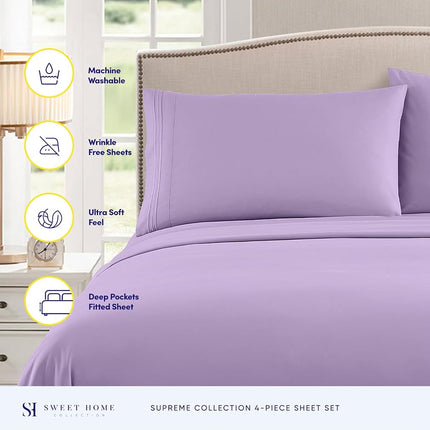 Sweet Home Collection Luxury Bedding Set with Flat, Fitted Sheet, 2 Pillow Cases, Microfiber, Lavender, Queen