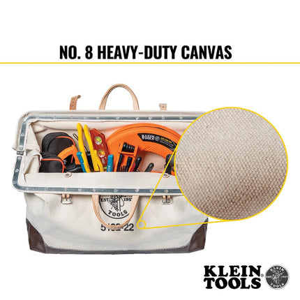 Klein Tools 5102-22 Heavy Duty Natural Canvas Tool Bag, Tool Tote, Multi-Purpose Bag with Wide Hinged Opening and Leather Handles, 22-Inch