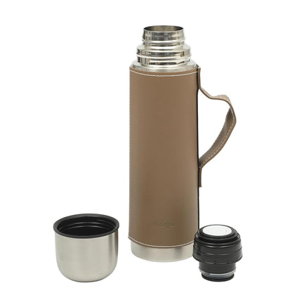 Mr. Coffee Leatherette 23 oz Stainless Steel Thermal Bottle – Double Wall Insulated Flask with Faux Leather Sleeve & Carry Handle, Brown – Leak-Proof Hot & Cold Drink Travel Mug
