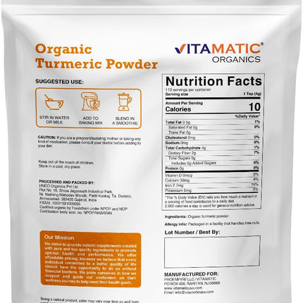 Vitamatic Certified USDA Organic Turmeric Powder 1 Pound (454 Grams)
