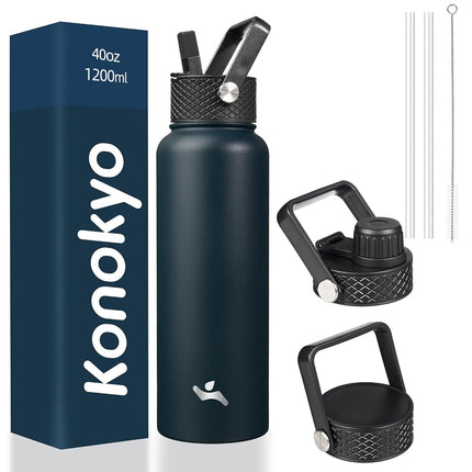 Konokyo Insulated Water Bottle with Straw,40oz 3 Lids Metal Bottles Stainless Steel Water Flask,Navy Blue