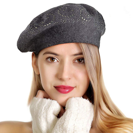 LADYBRO Sombreros Boina de Diamantes de Imitación para Mujer 2 Capas de Lana Gorro Tejido Francés Señora Invierno Negro, Gris, Talla Única
