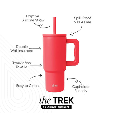 Simple Modern Kids 24 oz Tumbler with Handle and Silicone Straw Lid | Spill Proof and Leak Resistant | Reusable Stainless Steel Bottle | Gift for Kids Boys Girls | Trek Collection | Radiate Red
