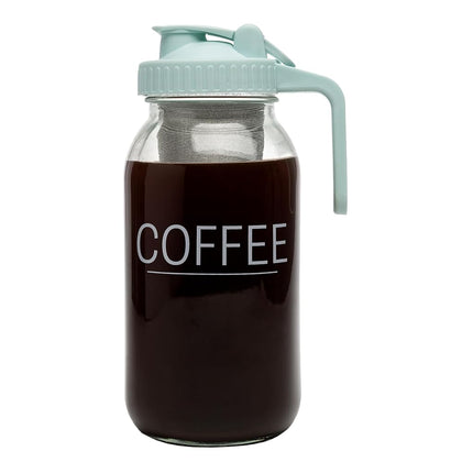 Cafetière à infusion à froid Primula Mason Jar avec filtre en acier inoxydable et couvercle verseur facile, pichet en verre durable qui s'adapte à la plupart des portes de réfrigérateur, lavable au lave-vaisselle, fabriquée sans BPA, 2 litres, Aqua