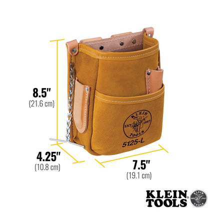 Klein Tools 5125L All Leather 5-Pocket Tool Pouch with Chain Tape Thong and Tunnel Belt Connection