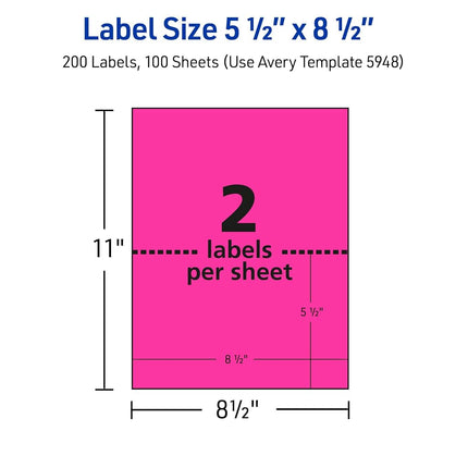Avery Neon Shipping Labels for Laser Printers, 5-1/2" x 8-1/2", 200 Pink Labels (5948)