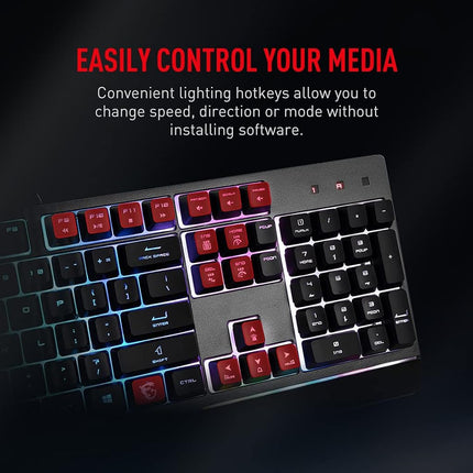 MSI Vigor GK30 RGB Gaming Keyboard, 6-Zone RGB Lighting, Water Repellent & Splash-Proof, Mechanical-Like Plunger Switches, Black