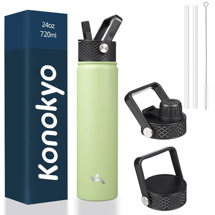 Konokyo Insulated Water Bottle with Straw,24oz 3 Lids Metal Bottles Stainless Steel Water Flask,Macaron Green
