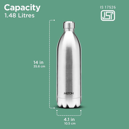 MILTON Duo DLX 1500 Thermosteel 24 Hours Hot and Cold Water Bottle with Bag, 1 Piece, 1.5 Litre, Silver, Leak Proof, Office Bottle, Gym, Home, Kitchen, Hiking, Trekking, Travel Bottle