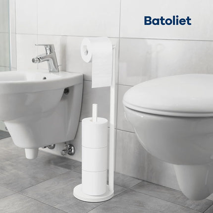 Toilet Paper Holder Stand,Toilet Paper Holder Free Standing,White Toilet Paper Roll Holder for 4 Rolls,Bathroom Toilet Paper Holder with Storage