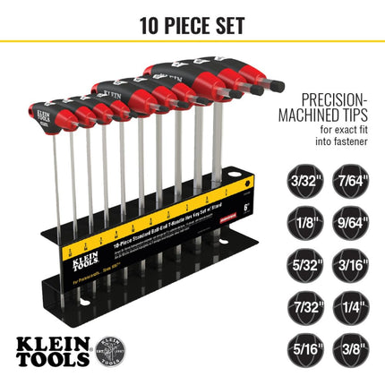 KLEIN TOOLS JTH610EB Ball End T-Handle Hex Key Set, SAE Inch Sizes Allen Wrench Set with 6-Inch Blades, Stand Included, 10-Piece
