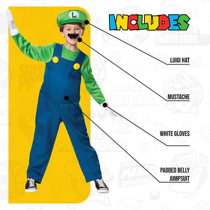 DISGUISE Official Deluxe Nintendo Luigi Costume Kids, Super Mario Costume Kids Fancy Dress Up Outfit for Boys Children Halloween Birthday World Book Day Week Costume Medium