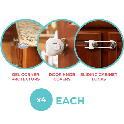 Toddleroo by North States - Childproofing Deluxe Kit: 4 Knob Covers, 4 Sliding Cabinet Locks, 4 Gel Corner Protectors, 1 Door Pinch Guard, 18 Drawer Locks, 34 Plug Protectors - 65 Piece Set - White