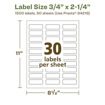 Avery EcoFriendly Etiquetas Rectangulares Blancas Mate Recicladas, 0.75" x 2.25", Impresión hasta el Borde, Etiquetas Blancas Mate, Adhesivo Permanente, Imprimibles Láser/Inyección de Tinta, 1,500 en Total