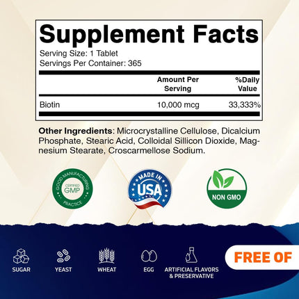 Vitamatic Biotin 10,000 mcg for Stronger Hair, Skin & Nails - 365 Vegan Tablets- Also Called Vitamin B7