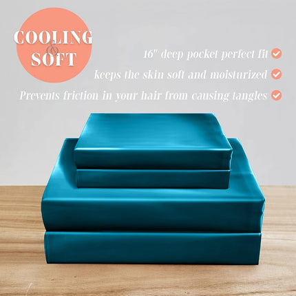 Parure de draps luxueuse en satin soyeux 4 pièces Elegant Comfort, douce pour la peau et les cheveux, infroissable, résistante à la décoloration et aux taches, avec drap-housse à poches profondes, fraîcheur et douceur, lit simple, turquoise