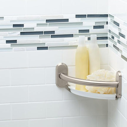 Moen LR2354DBN Bathroom Safety 9-Inch Curved Bathroom Grab Bar with Integrated Corner Shelf, Brushed Nickel