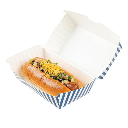 Bio Tek 6.7 x 3.5 x 3.5 Inch Clamshell Food Containers, 100 Disposable Sandwich Containers - Hinged Lid, Tab-Lock Closure, Blue And White Paper Hot Dog Containers, Greaseproof - Restaurantware