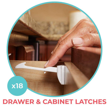 Toddleroo by North States - Childproofing Deluxe Kit: 4 Knob Covers, 4 Sliding Cabinet Locks, 4 Gel Corner Protectors, 1 Door Pinch Guard, 18 Drawer Locks, 34 Plug Protectors - 65 Piece Set - White