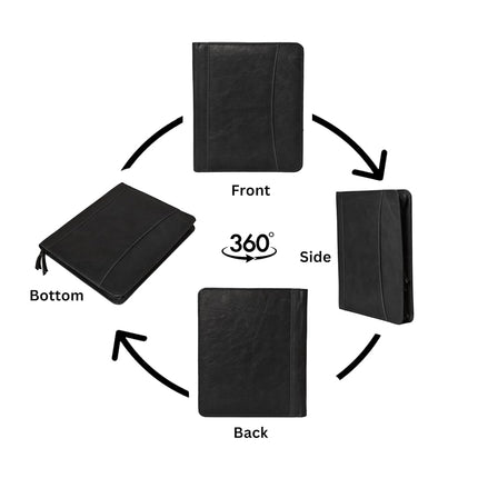Leather Business Portfolio Padfolio Document Organizer with Writing Pad Resume Professional Interview Zipper Writing Notepad Folder for Men Women (Black)