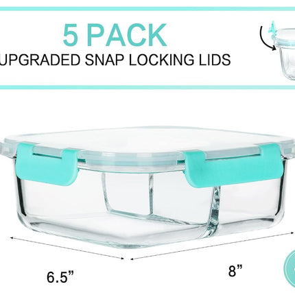 M MCIRCO [5-Pack, 36 oz] Glass Meal Prep Containers 3 Compartment with Lids, Glass Lunch Containers,Food Prep Lunch Box,Bento Box,Microwave, Oven, Freezer, Dishwasher (4.5 Cups, Green)