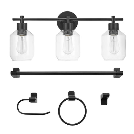 Globe Electric 65556 All-in-One 5-Piece Bathroom Set, Matte Black Finish, 3-Light Vanity with Clear Glass Shades, Towel Ring, Toilet Paper Holder, Robe Hook, and Towel Bar, Modern Bathroom Lighting
