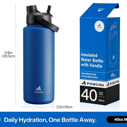 POWCAN 1183 ml Insulated Water Bottle with 2-in-1 Straw and Spout Lid, Keep Cold 24H, Leak-Proof, BPA-Free, Double Wall Stainless Steel Water Bottle for Sports, Gym, Travel and School (Pacific Ocean)
