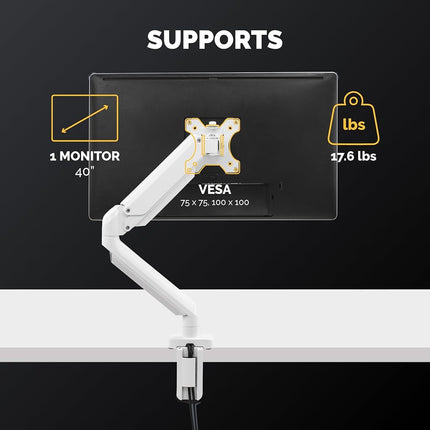 Fellowes Single Monitor Arm - Platinum Series Mount for 8KG 32 inch Screens - Ergonomic Adjustable Arm Desk Mount - Tilt 45° Swivel 360° Rotation 360°, VESA 75 x 75/100 x 100 - White