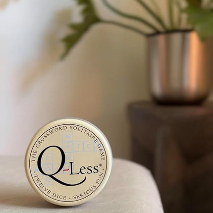 Q-Less – The Original Crossword Solitaire Game, 12 Letter Dice Travel Tin