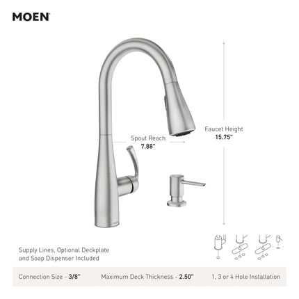 Moen 87014SRS Essie Pull-Down Sprayer Kitchen Faucet in Spot Resist Stainless with Soap Dispenser, Spot Resist Stainless