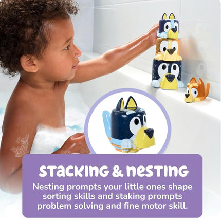 Toomies Bluey's Family Pourers with Designs Featuring Chilli, Bandit, Bingo, and Bluey - Nesting, Stacking Cups for Bath Time - Officially Licensed Bluey Toys - Baby Bath Toys for +18 Months