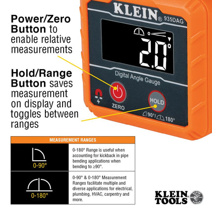 Klein Tools 935DAG Nivel e inclinómetro digital electrónico, mide rangos de 0-90 y 0-180 grados, mide y ajusta ángulos