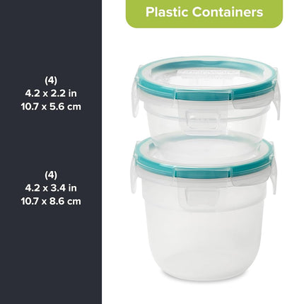 Snapware Total Solution 16-Pc Plastic Food Storage Containers Set,(4) 2-Cup & (4) 1.2-Cup Round Meal Prep Container, BPA-Free Lids with 4 Locking Tabs, Microwave, Dishwasher, and Freezer Safe