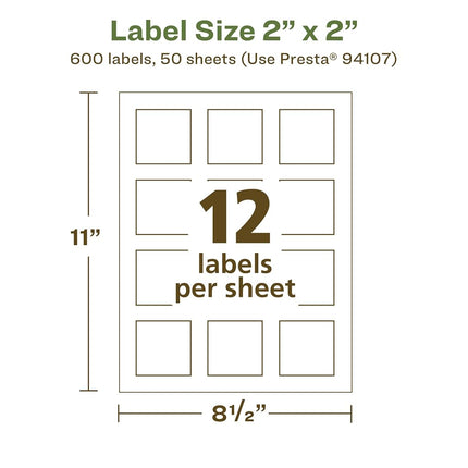 Avery EcoFriendly Matte White Recycled Square Labels, 2" x 2", Print-to-The-Edge, Matte White Labels, Permanent Adhesive, Laser/Inkjet Printable, 600 Total