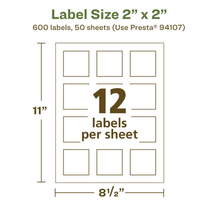 Avery EcoFriendly Matte White Recycled Square Labels, 2" x 2", Print-to-The-Edge, Matte White Labels, Permanent Adhesive, Laser/Inkjet Printable, 600 Total