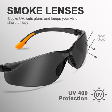 ProtectX 12-Pack Safety Glasses for Men & Women, Safety Sunglasses with Anti-Fog Scratch Resistant Wrap-Around Tinted Smoke Lenses, Non-Slip Orange Rubber Grips, ANSI Z87.1 Rated