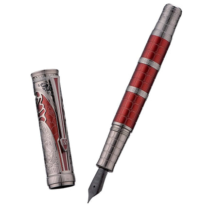 Hongdian D5X Fountain Pen Fine Nib Red Color Retro Chinese Totem Engraved Qin Dynasty Smooth Writing Pen with Converter and Pen Box Set