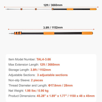 VEVOR Telescopic Extension Pole, 4-12 FT Multi-Purpose Extendable Pole, Sturdy Aluminum Alloy Paint Pole Extension with Flip-Lock Design, High Reach Roller Stick for Painting, Dusting and Cleaning
