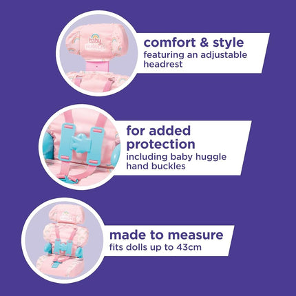 Casdon Baby Huggles Toys. Pink Booster Seat. Car Seat for Dolls with Adjustable Headrest and Buckles. Fits Dolls Sizes Up to 35cm. Suitable for Preschool Toys. Playset for Children Aged 3+