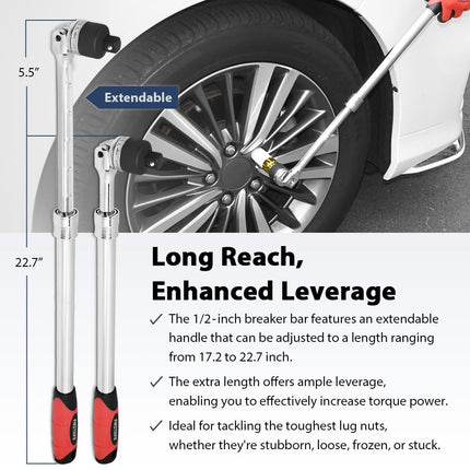 FIRSTINFO 1/2'' Drive Extendable Breaker Bar Ratchet Wrench Length 17.2 to 22.7 inches, with Flexible Ratchet Head, (F32243D)