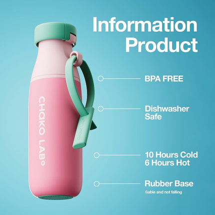 CHAKO LAB Ceramic Insulated Stainless Steel Water Bottle with Two Strap | BPA-Free Leak Proof | 17oz Bottle with Spout Lid & Straw | Peach