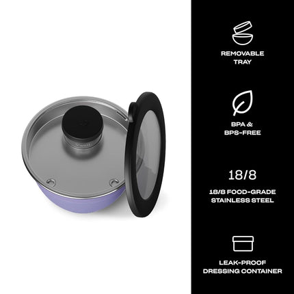 S'well Stainless Steel Salad Bowl Kit 64oz, Hillside Lavender, Comes with 2oz Mini Canister and Removable Tray for Organization, Leakproof, Easy to Clean, Dishwasher Safe