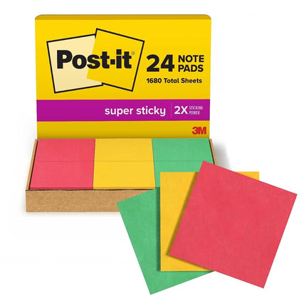 Post-it Super Sticky Notes 3x3 inch, 24 Pads/Pack, 70 Sheets/Pad, Workshop Kit, Red, Yellow, Green (654-24SSANSIOC)